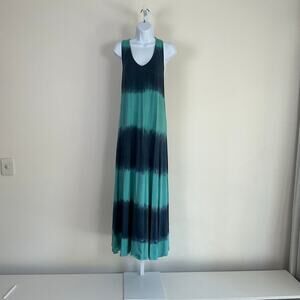 Splendid Tie Dye Maxi Dress L Navy Teal Racerback Striped Jersey Sundress Beach